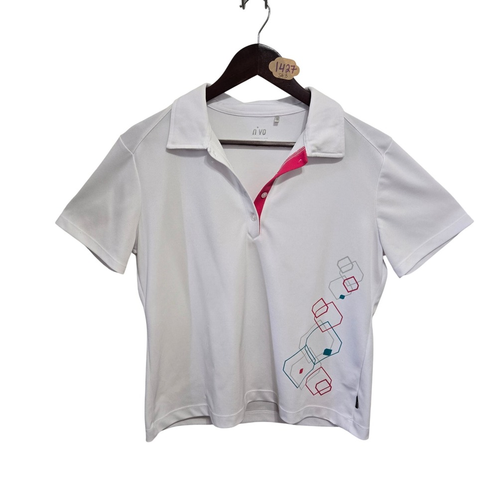 Nivo Womens White Short Sleeve‎ Golf Polo Shirt Pink Placket Geometric Size L